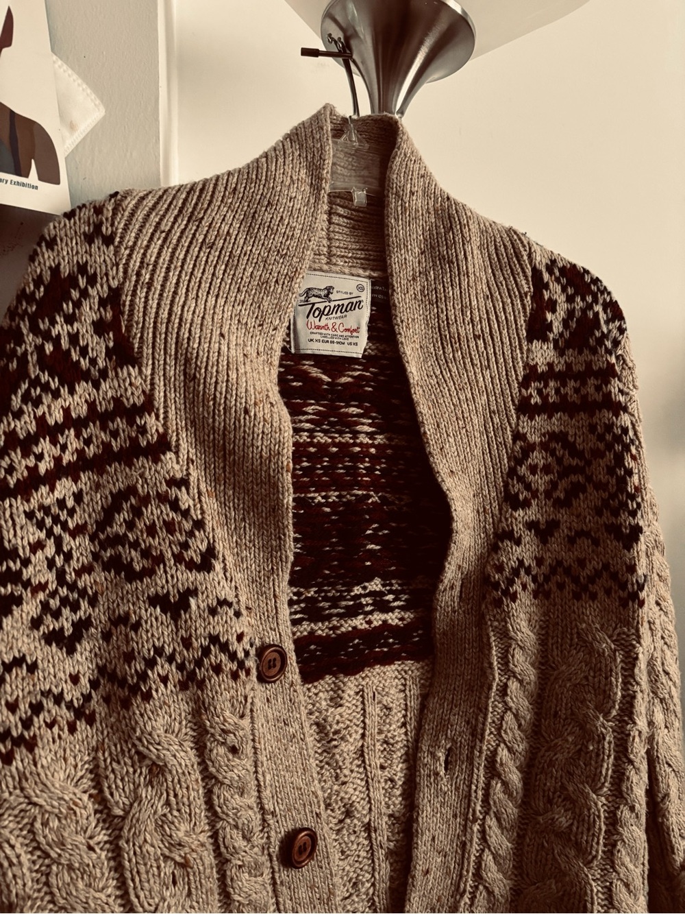 Topman Neutral Shawl Collar Cable Knit Cardigan with Pattern